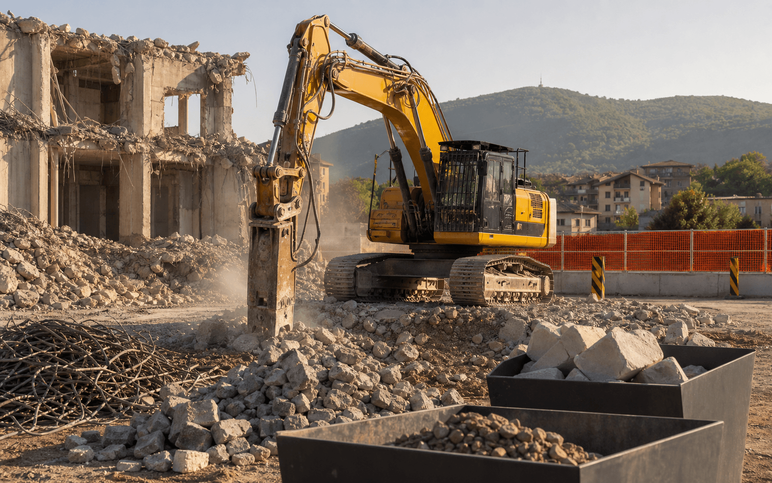 Escavatore con martello demolitore in cantiere controllato